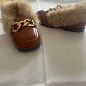 Girls Chestnut‎ Brown Faux Leather Fur Trim Loafers Sz 13